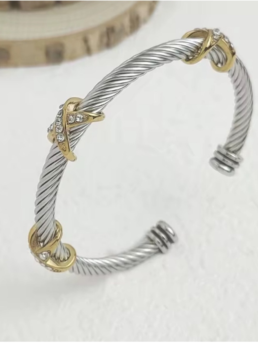 Anthropologie Two-Tone Silver and Gold Cable Cuff with Crystals